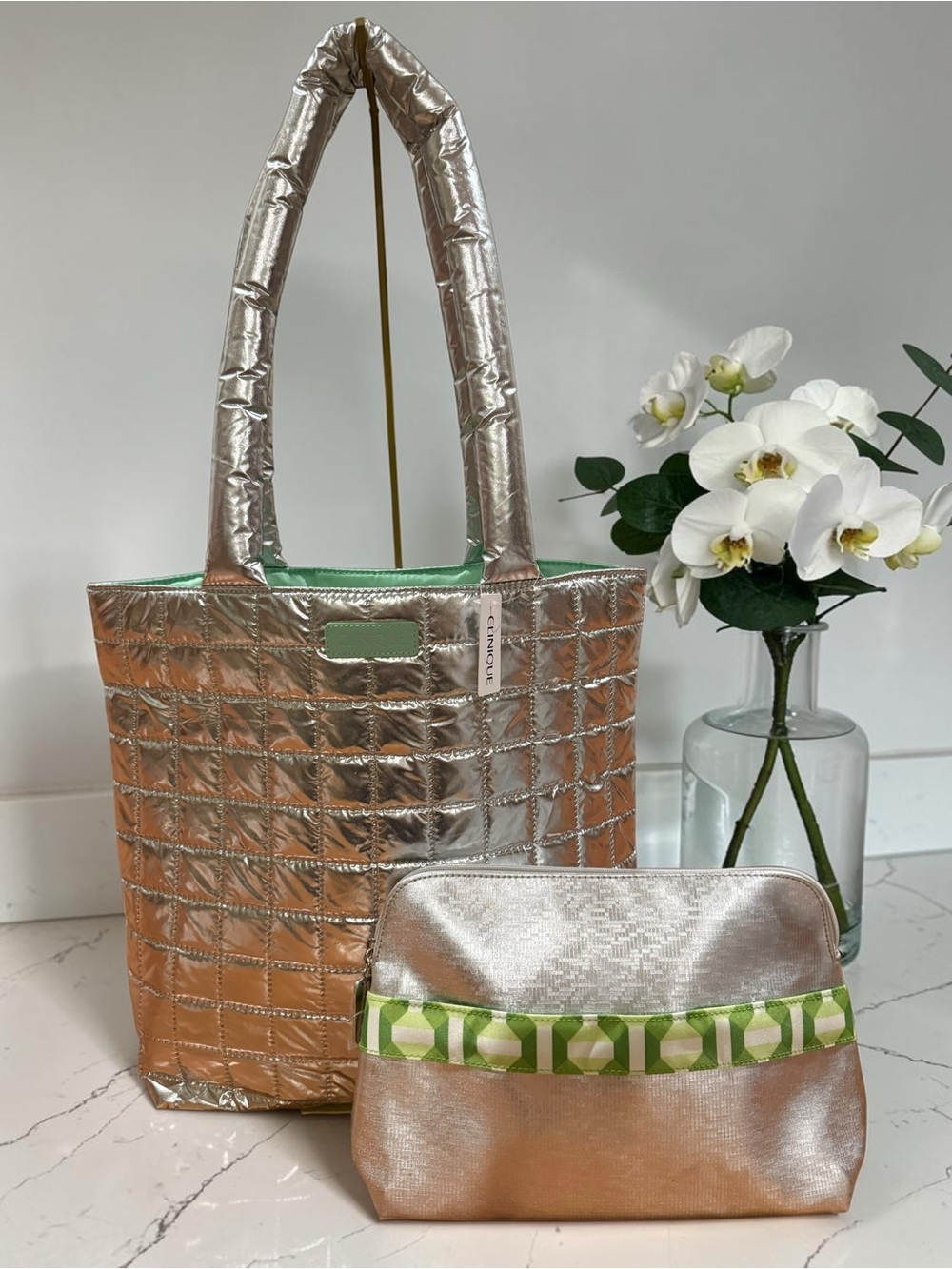 Clinique Metallic Silver Quilted Tote & Cosmetic Makeup Bag 2 Pc Set NWT